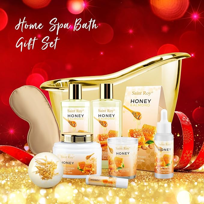 Fathers Day Gifts for Men Bath spa Gifts for Her Spa Gift Basket, Honey Almond Spa Basket Bath and Body Set with Bath Bomb, Jojoba Oil & Lip Balm, Birthday Holiday Home Spa Gifts for Women & Men Dad