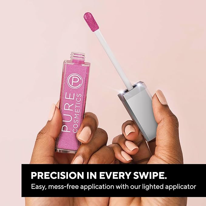 Pure Illumination Light-Up Lip Gloss with LED-Lit Applicator Brush + Side Mirror, Non-Sticky, Moisturizing Hydrating Lip Glosses with Lanolin, Jojoba Oil, & Vitamin E, Pouty Pink