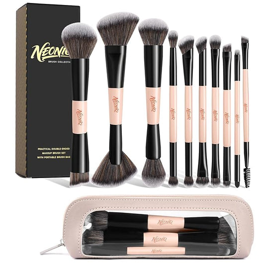 10 PCS Foundation Contour Conceal Brush Set With Bag, Makeup Brushes, Double-End Multi-functional Brushes for Foundation Powder Blush Eyeliner Eyeshadows, Professional Face Brush Set（Pink）