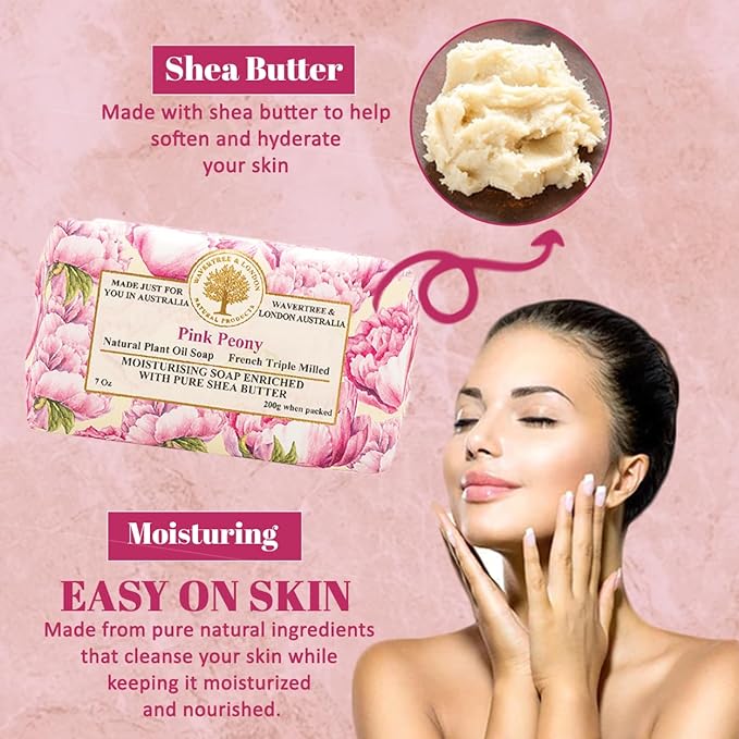 Wavertree & London Pink Peony Scented Natural Soap (2 Bars), 7oz Moisturizing French Triple Milled Soap Bars enriched with shea butter - Pure Plant Based Bath & Body Bars for All Skin Types