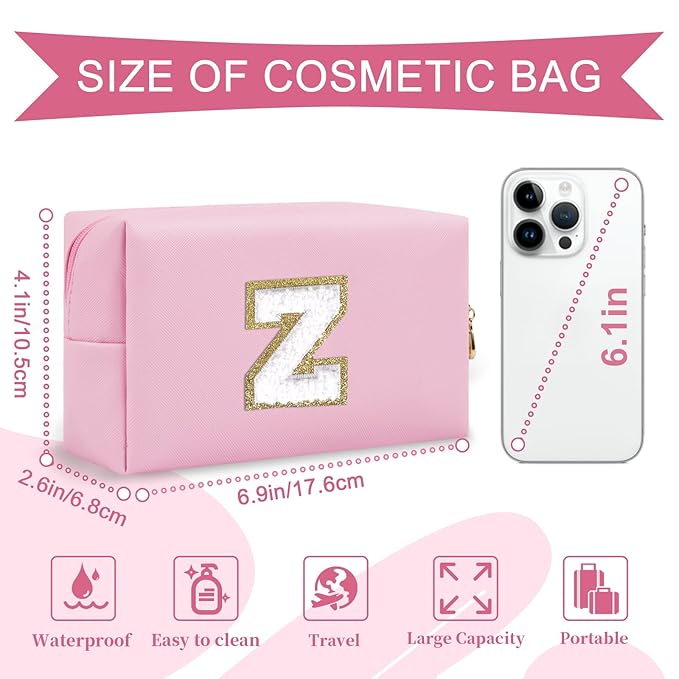 Personalized Initial A-Z Preppy Patch Makeup Bag,Small PU Chenille Letter Cosmetic Bag with Zipper for Teen Girls,Pink Cute Toiletry Organizer Bag,Monogram Makeup Case Gift for Women Girls,Letter Z