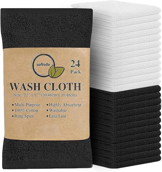 Softolle 100% Cotton Washcloths 24 Pack (12x12 Inches) Soft, Highly Absorbent Washcloth, Face Towels, Wash Cloths for Face, Ring Spun, Bulk Pack (Black/White)
