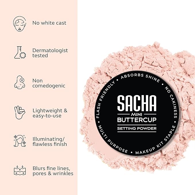 Sacha BUTTERCUP Rosé Mini Setting Powder. No Ashy Flashback. Blurs Fine Lines and Pores. Loose, Translucent Face Powder to Set Makeup Foundation or Concealer. For All Skin Tones, 0.35 oz.