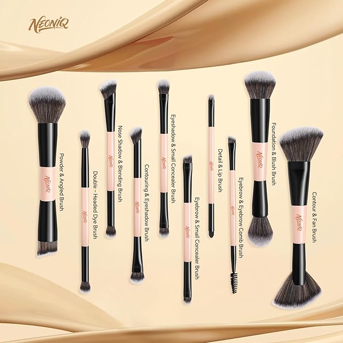 10 PCS Foundation Contour Conceal Brush Set With Bag, Makeup Brushes, Double-End Multi-functional Brushes for Foundation Powder Blush Eyeliner Eyeshadows, Professional Face Brush Set（Pink）