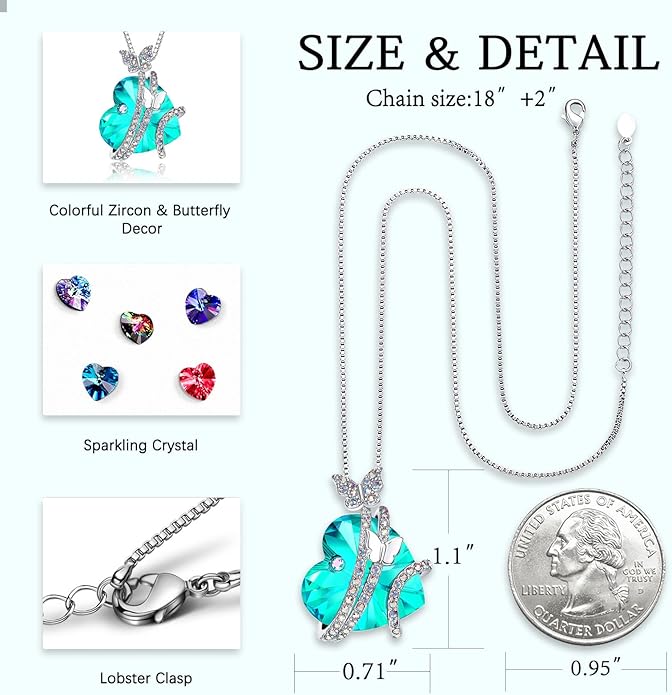 ASELFAD Butterfly Love Heart Pendant Necklace with Crystals, Anniversary Birthday Jewelry for Women Mom Grandma Wife Girlfriend