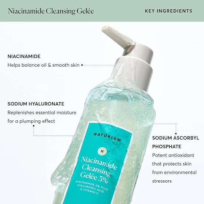 Naturium Niacinamide Cleansing Gelée 3% Plus Hyaluronic Acid & Vitamin C, Gentle & Smoothing Face Wash, 7.1 oz