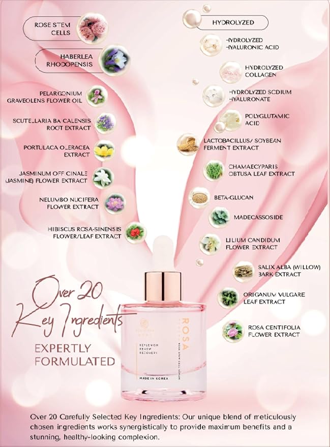 RosyFoxy Rosa Hyaluronic Acid Serum for Face, Rejuvenating Collagen Serum for Fine Lines and Wrinkles, Hydrating, Even Toning, Suitable for All Skin Type including Sensitive - 30 mL - Made in Korea