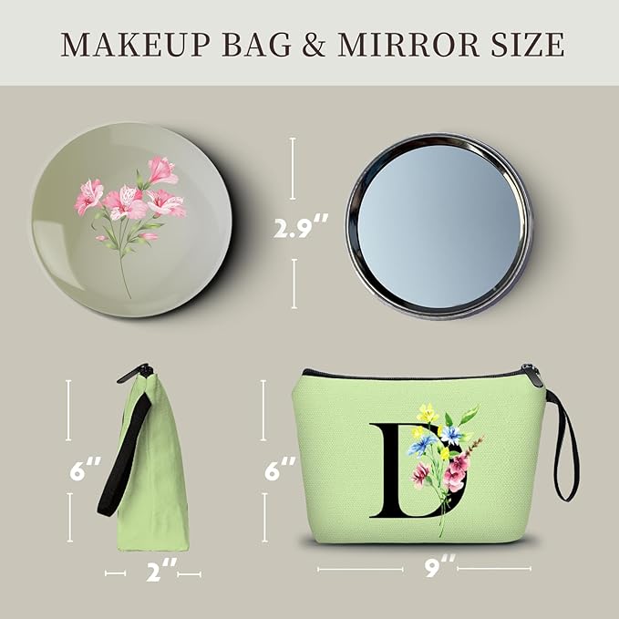 Women Birthday Maid of Honor Monogrammed Gifts for Bride Bridesmaid Sister Friend Her Teacher Makeup Cosmetic Bag with Mirror Mothers Day Christmas Graduation D