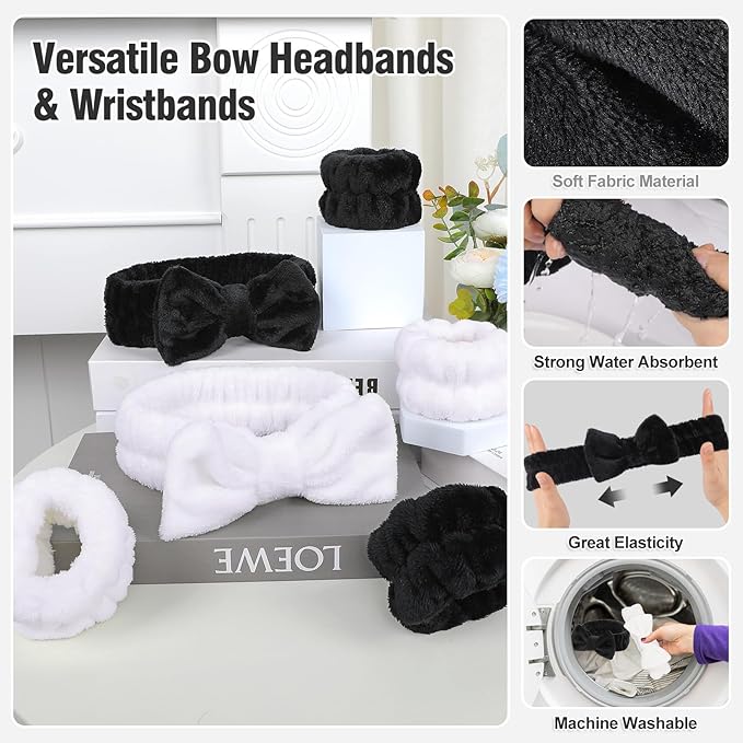 Spa Headbands for Women with Wristband Set: Facial Makeup Headbands for Girls & Teens - Soft Coral Fleece Elastic Hair Wraps with Wrist Accessories for Washing Face Shower Bath Beauty Skincare Gifts