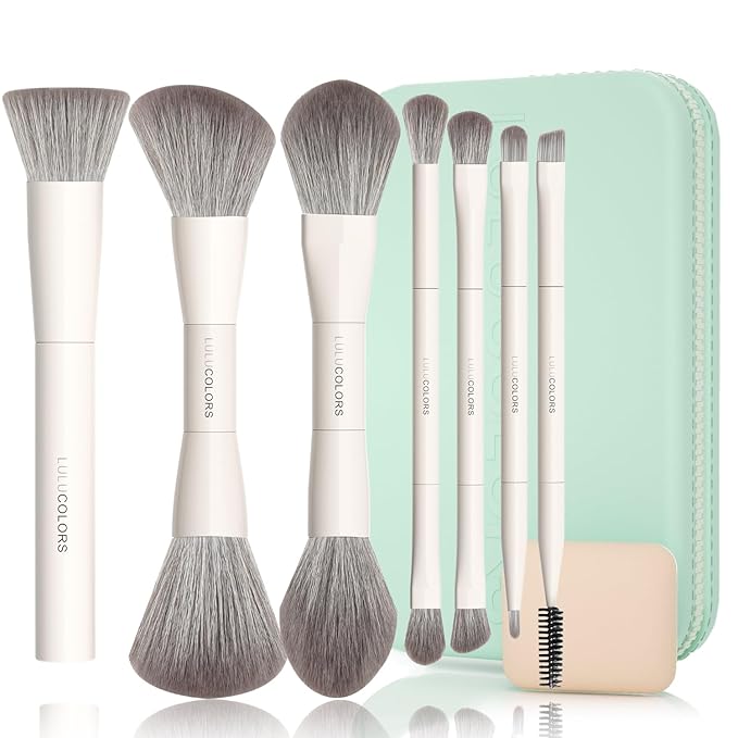 LULUCOLORS-Dual-Ended Makeup Brush Set with Sponge & Travel Case-13 Kinds of Multi-Functional Brushes for Face & Eyes – Soft Bristles, Easy Travel Brush Set (Mint Green)