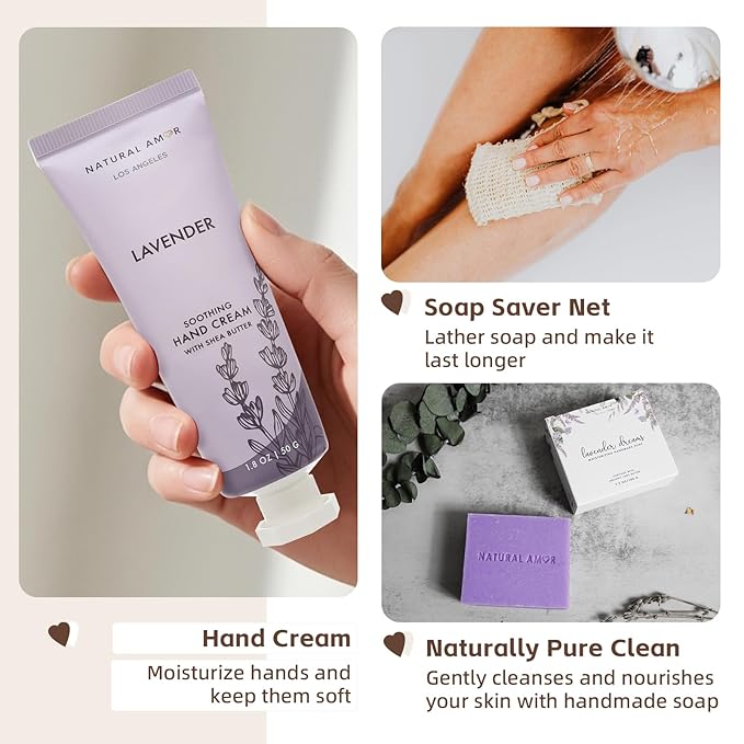 Natural Amor Handmade Spa Gift Set 6 pcs– Includes Citrus Bath Bomb, Lavender Hand Cream, Soap, Bath Salt, Candle – Relaxing Self-Care Kit for Women
