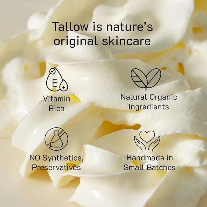 Grass Fed Beef Tallow Moisturizer with Organic Olive Oil & Vanilla | Natural Body Butter for Dry, Sensitive & Eczema-Prone Skin | Face, Hands & Body Cream | Nourishing Anti-Aging Balm | 2 fl oz