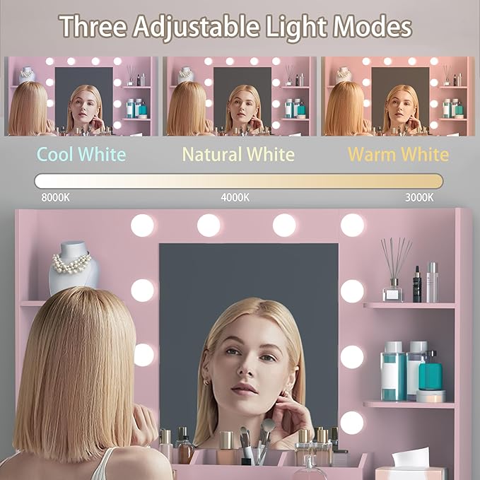 Vanity Desk with Mirror & Lights, Makeup Vanity Table with Charging Station, 3 Lighting Modes, Large Storage Space with Drawers and Shelves, Elegant White Vanity Set for Bedroom Dressing Room