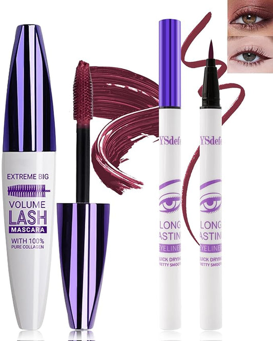 Burgundy Mascara Liquid Eyeliner Set,5D Waterproof Silk Fiber Colored Mascara Volume and Length,Longlasting Smudgeproof Color Eye Liner Pen,Halloween Colorful Eye Makeup Gift Kit for Women Girl-08