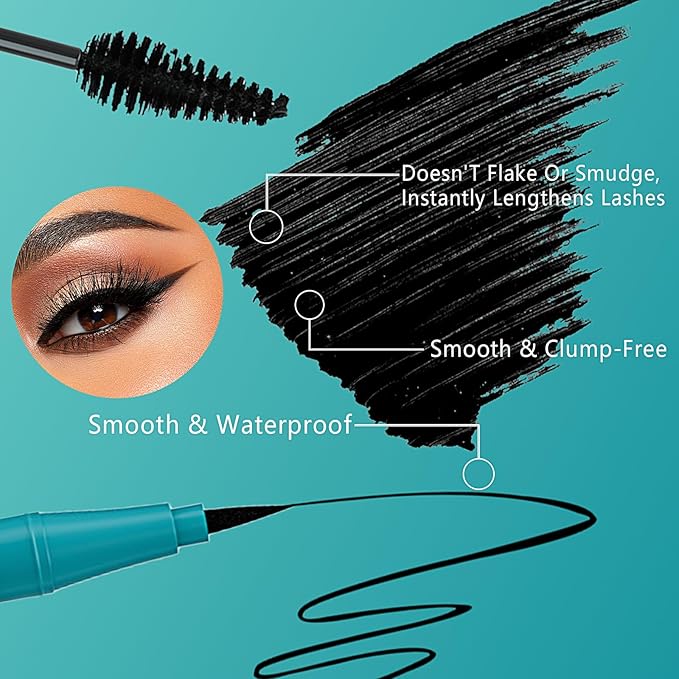 New Extension Mascara & Eyeliner Set, Black Volume and Length Mascara Waterproof Smooth Eyeliner, Smudge-proof Natural No Clumping Smudging Lasting All Day