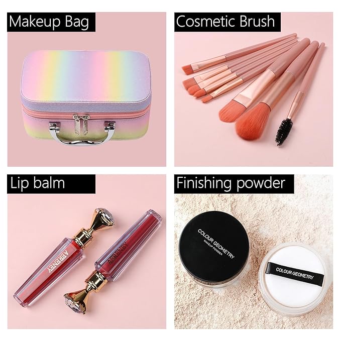 All in One Makeup Kit for Teen Girls - 2X16 Colors Eyeshadow, Liquid Foundation, Eyeliner Pencils, Contouring Stick, Lip Gloss, Eyebrow Pencils & 8pcs Makeup Brushes (Rainbow)