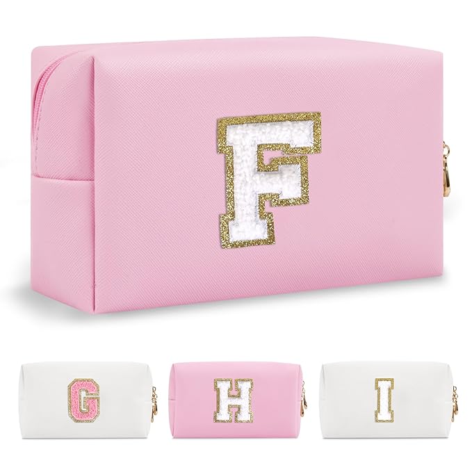 Personalized Initial A-Z Preppy Patch Makeup Bag,Small PU Chenille Letter Cosmetic Bag with Zipper for Teen Girls,Pink Cute Toiletry Organizer Bag,Monogram Makeup Case Gift for Women Girls,Letter F