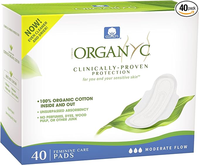 Organyc - 100% Certified Organic Cotton Inside and Out Feminine Pads, Sanitary Napkin 40 Count, Moderate Flow, Regular Absorbency, New Larger Size Packaging