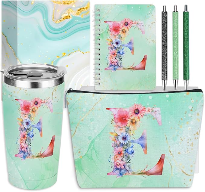 Personalized Gifts Monogrammed Birthday Gifts for Women, Daughter Bestie Friendship Christmas Initial 20 oz Tumbler, Makeup Bag Cup Ballpoint Pens Journal Notebook 6 Set, (Aesthetic Green Flower E)