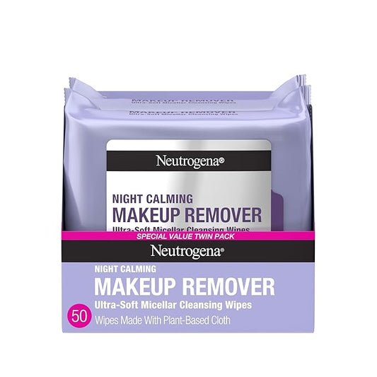 Neutrogena Night Calming Makeup Remover Face Wipes, Nighttime Cleansing Towelettes Remove Sweat, Dirt & Makeup & Calms Skin, Hypoallergenic, 100% Plant Based Cloth, 50 Count (2 Packs of 25)