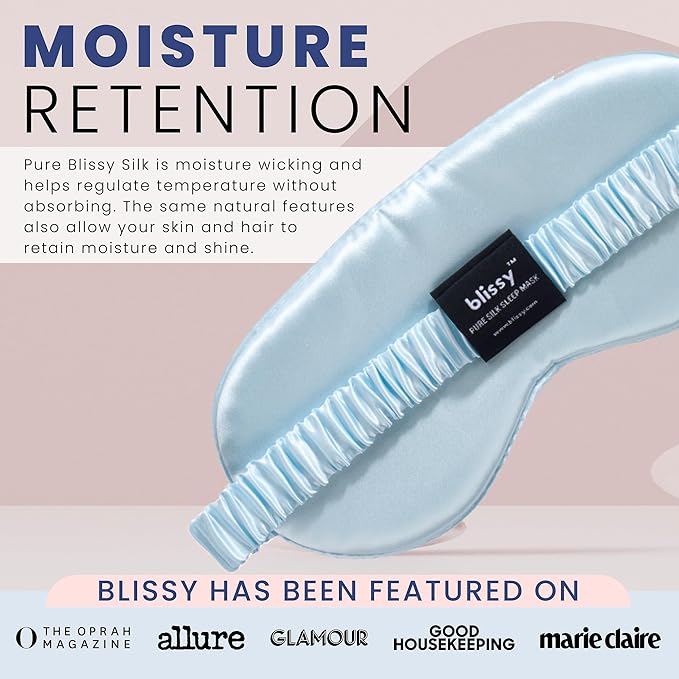 Blissy Silk Sleep Mask - Silk Eye Sleeping Mask for Women & Men for Total Blackout - 100% Pure Mulberry Silk, 22 Momme 6a Fibers - Blindfold Silk Sleep Mask Side Sleeper Eye Cover (Sky Blue)