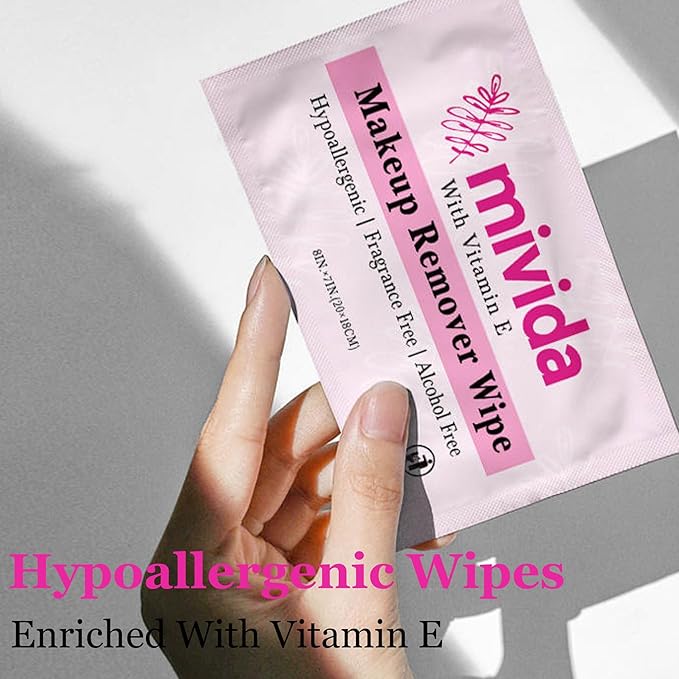 mivida 500 Count Bulk Individually Wrapped Makeup Remover Wipes with Vitamin E | Hypoallergenic, Fragrance-Free, Alcohol-Free makeup wipes | Bulk single make up removing wipes