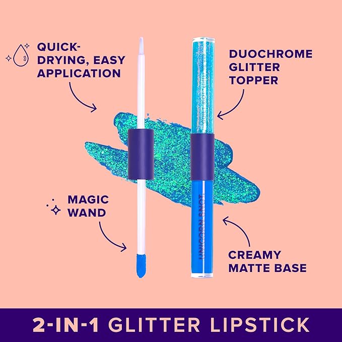 UNICORN SNOT Quiet Riot™ Plastic-Free Glitter Lip Duo | 2-in-1 Set w/Matte Lipstick & Sparkly Glitter Lip Gloss | Halloween Costume Makeup | 0.15oz Blue Lipstick & 0.16oz Gloss (Dream)
