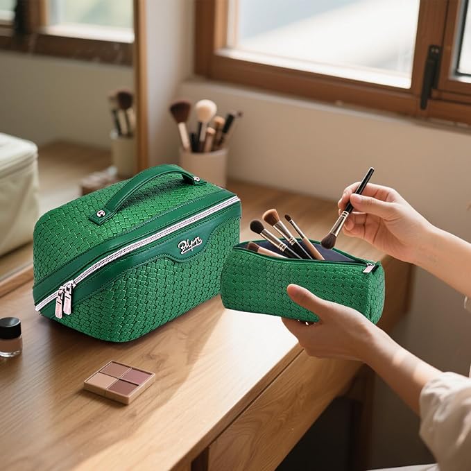 BOYATU Travel Makeup Bag Cosmetic Bags for Women: Large Capacity 3 Pcs Set Make up Bag with Compartments - Waterproof Vegan Leather Toiletry Organizer Bags with Handle - Travel Essentials(L12 Green)