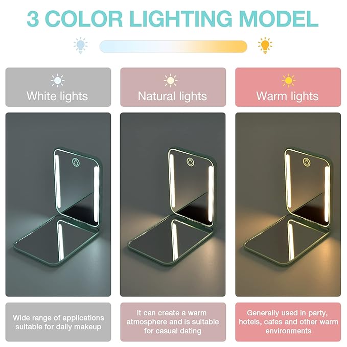 Kintion Rechargeable Pocket Mirror, Double Sided 1X/3X Magnification Compact Vanity Mirror, 3 Color Lights, Dimmable, Small Portable Wallet Mirror, Lighted Travel Mirror for Women Gifts, Cyan