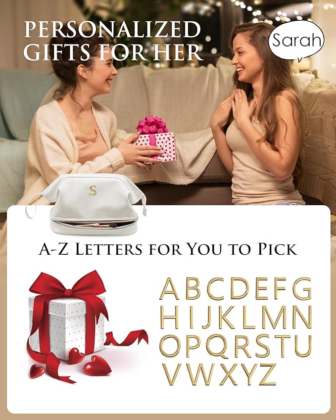 Birthday Gifts-Teen Girl Gifts Trendy Stuff Initial Large Makeup Bag for Women, Personalized Double Layer Cosmetic Bag with Makeup Brush Organizer, PU Leather Travel Toiletry Bag,Bride Gift