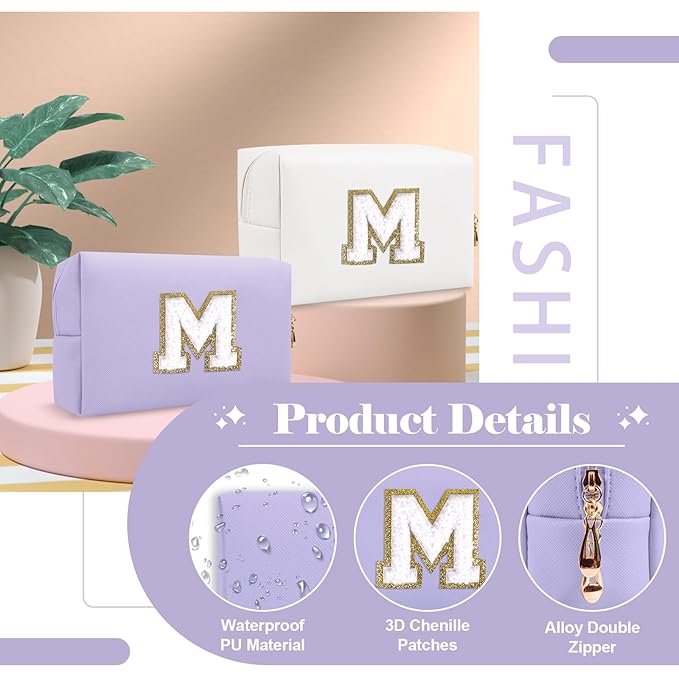 Personalized Makeup Bag Initial A-Z Preppy Patch Bag,Small PU Leather Travel Cosmetic Bag Pouch with Zipper,Purple Cute Toiletry Bag,Gift Ideal for Teen Girls Women Birthday Friend Mom,Latter M