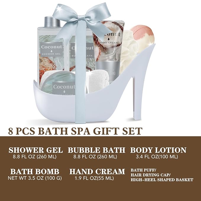 Tropical Coconut Gifts for Women Spa Basket, High Heel Bath Set with Shea Butter & Exotic Oils, Mother's Day Gifts for Mom, Her, Wife
