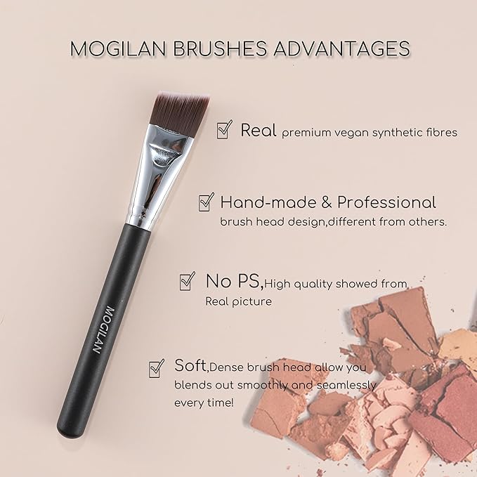 Flat Foundation Makeup Brush Angled Thin for Liquid Cream Foundation Blending,Facial Mask,Primer and Body Painting,Streak-Free Makeup,Buildable Coverage,Vegan Bristles Face Brush, Black