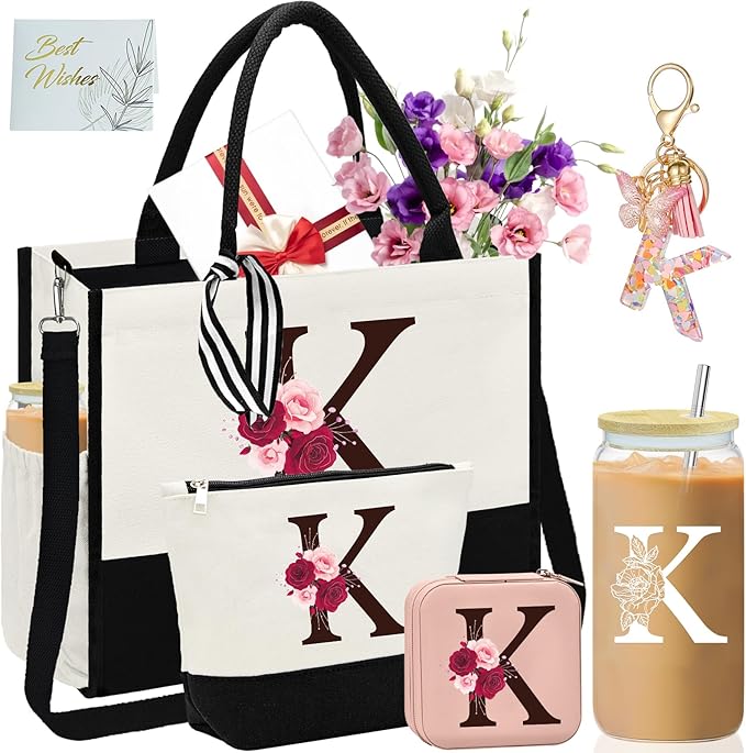 Birthday Gifts for Women,Initial Canvas Tote Bag,Initial Gift for Women,16oz Initial Glass Cup,Initial Makeup Bag with Zipper,Jewelry Organizer Box,Personalized Gifts for Mom-K