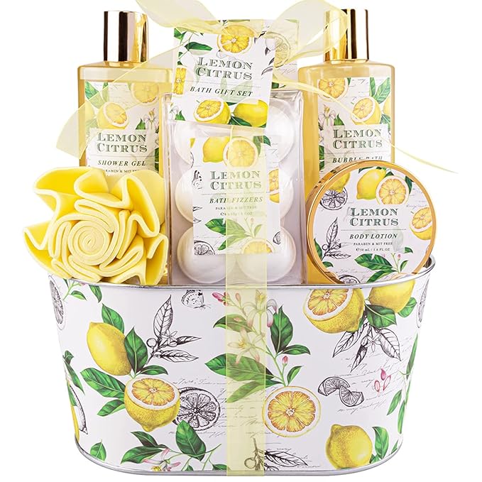 Bath Gift Set, Lemon Citrus Spa Gift Basket for Women, Includes Shower Gel, Bubble Bath, Body Lotion, Bath Frizzes 8 Pcs, Great Gift Idea for Her Birthday