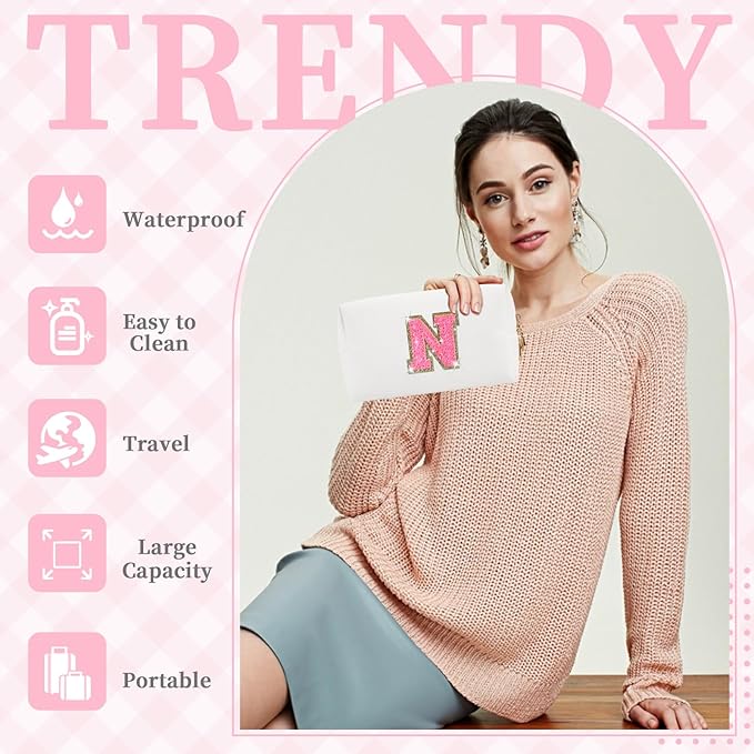 Small Personalized Initial A-Z Patch Makeup Bag,White Cute PU Leather Glitter Letter Cosmetic Bag for Teen Girls,Travel Toiletry Bag with Zipper,Preppy Monogrammed Birthday Gift for Daughter Niece N