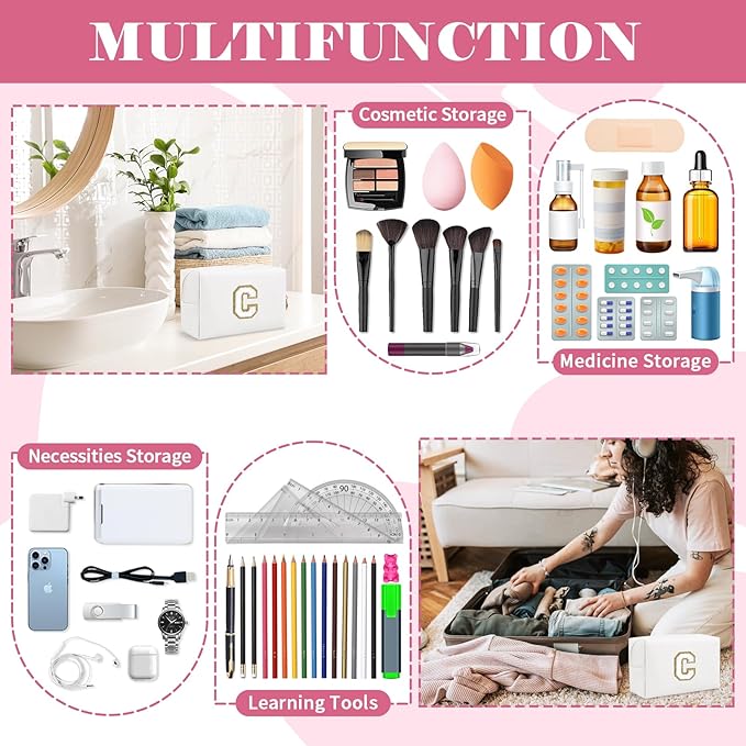 Small Personalized Initial A-Z Preppy Patch Makeup Bag,White PU Chenille Letter Travel Cosmetic Pouch with Zipper,Cute Toiletry Bag,Gift Ideal for Teen Girls Women Teacher Bridesmaid,Letter C