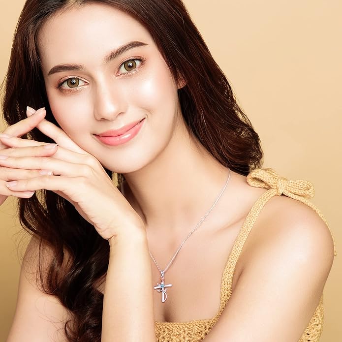 Cross Necklace for Women, 925 Sterling Silver Birthstone Necklace for Women with Rose Flower Birthstone Womens Jewelry Birthday Gifts for Wife Women