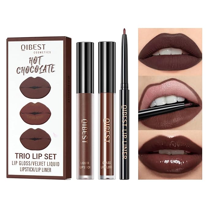 QiBest 3-in-1 Dark Red Lipstick Set for Women & Teen Girls, Matte Liquid Lipstick + Lip Gloss + Gel Lip Liner Pencil Trio Lip Gift Kit for 24 Hours Long Lasting & Waterproof Lip Makeup (Hot Chocolate)