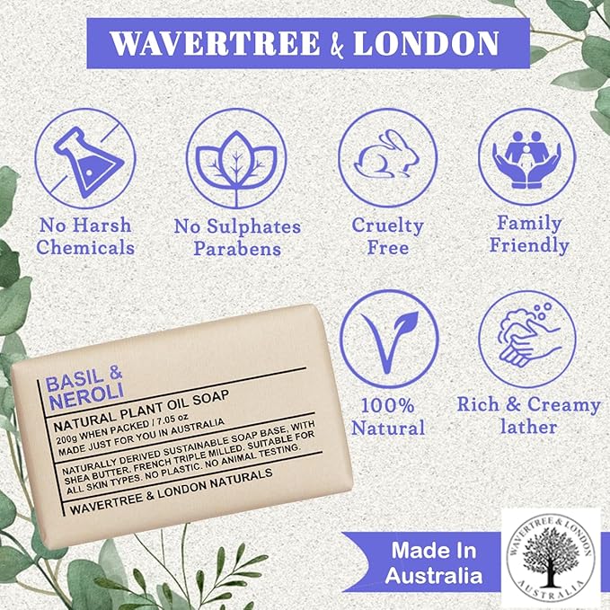 Wavertree & London Basil & Neroli Scented Natural Soap Bars (2 Bars), 7oz Moisturizing French Triple Milled Soap enriched with shea butter - Plant Oil Bath & Body Soap Bars [100% Naturally derived]