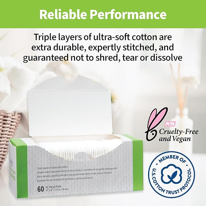 ForPro Premium Pure & Simple XL Facial Pads (360-Count), Triple Layered Ultra Soft Disposable Makeup Remover Pads, 100% Vegan & Cruelty-Free, Pack of 6-60 Cotton Squares