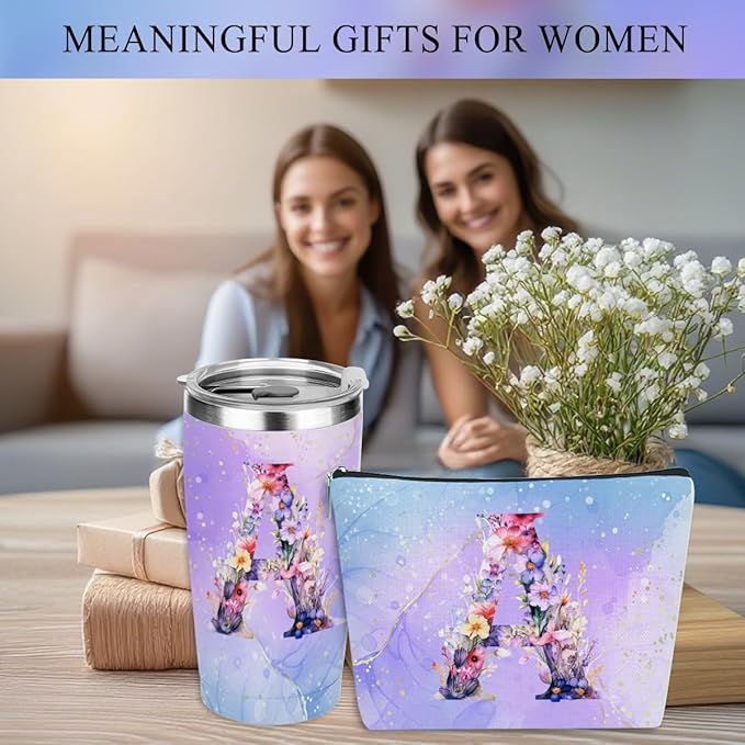 Personalized Gifts Monogrammed Birthday Gifts for Women, Bridesmaid Bachelorette Party Wedding Christmas Initial 20 oz Tumbler, Makeup Bag Pens Journal Notebook 6 Set, (Aesthetic Purple Flower A)