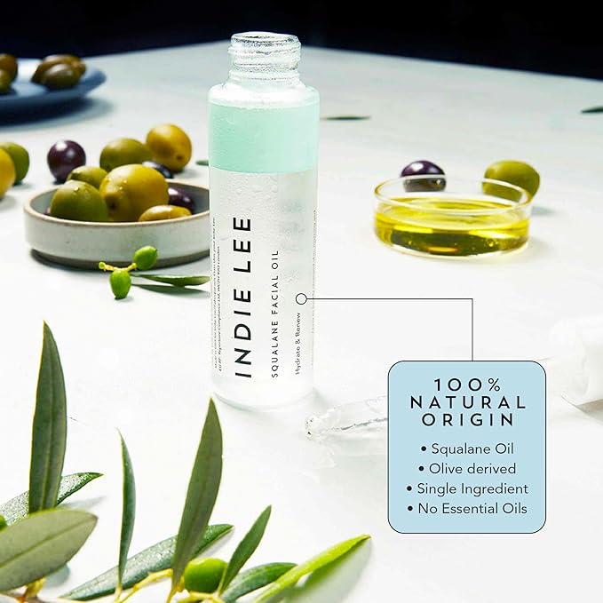 Indie Lee 100% Squalane Oil - Daily Face Oil & Hydrating Moisturizer for Dry Skin, Fine Lines and Wrinkles - Even Skin Tone, Brighten & Improve Texture (30ml)