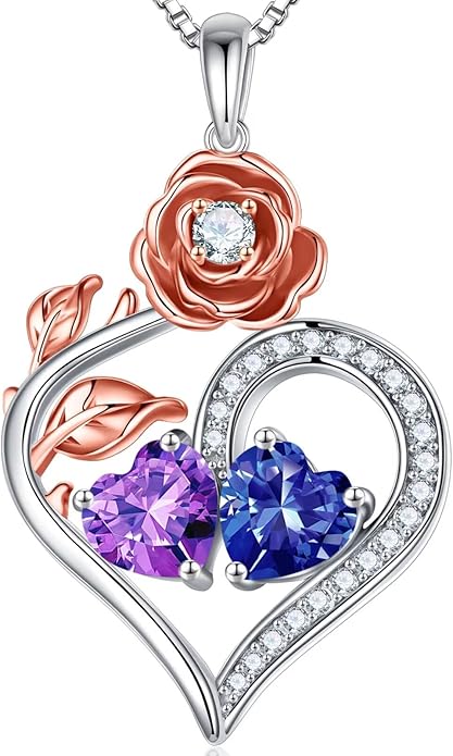 Iefil Rose Heart Birthstone Necklaces for Women - 925 Sterling Silver Double Birthstone Necklace, Anniversary Birthday Gifts for Women, Jewelry Gifts for Wife Her