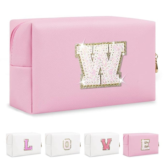 Small Personalized Initial A-Z Patch Makeup Bag,Pink Cute PU Leather Glitter Letter Cosmetic Bag for Teen Girls,Travel Toiletry Bag with Zipper,Preppy Monogrammed Birthday Gift for Daughter Niece W