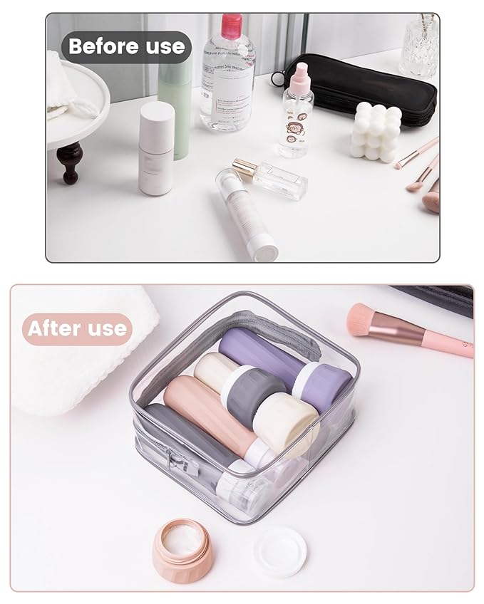 Travel Bottles for Toiletries 8 Pack, Travel Size Toiletries, Tsa Approved Travel Size Containers 3oz, with Travel Essentials Clear Bag, Leak Proof Silicone Squeezable Creams Jars