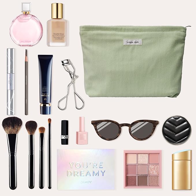 Wudygirl Travel Makeup Bag,Portable Cosmetic Bags,Large Capacity Makeup Bag Organizer for Women,Corduroy Zipper Pouch(Light Green)