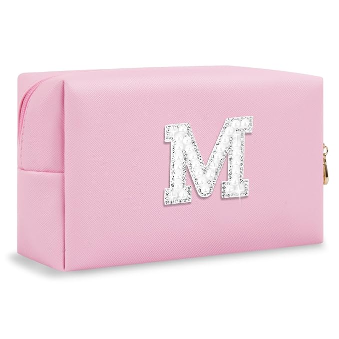 ChaoGreat Bride Gifts – Personalized Initial Makeup Bag with Pearl Rhinestone Patch, Preppy Pink Monogram Cosmetic/Toiletry Pouch, bridesmaid Gifts, Bridal Shower Gifts, Wedding Gifts, Bridal Gifts,M
