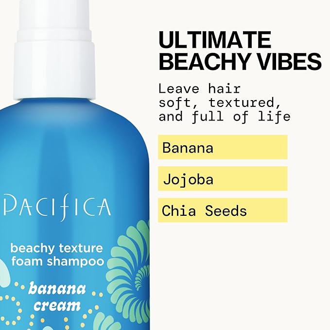 Pacifica Banana Cream Beachy Texture Foam Shampoo – Texturizing Foaming Shampoo for Beachy Waves, Adds Volume & Tousled Look, Sulfate-Free Deep Clean Beauty Vegan & Cruelty-Free Dermatologist Tested