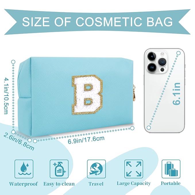 Small Personalized Initial A-Z Preppy Patch Makeup Bag,PU Chenille Letter Travel Cosmetic Pouch with Zipper,Blue Cute Toiletry Bag,Gift Ideal for Teen Girls Women Teacher Bridesmaid,Letter B